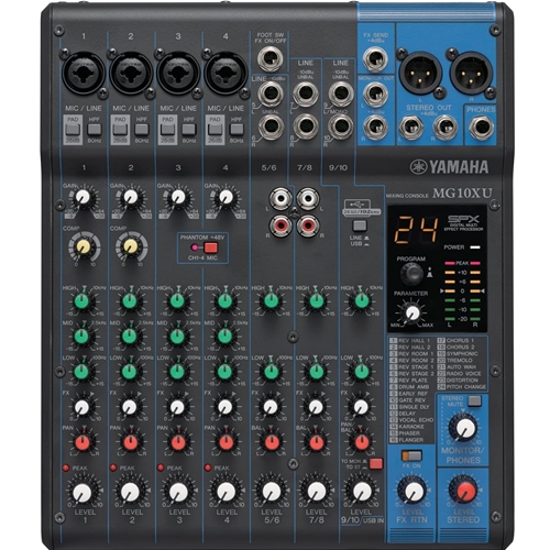 Yamaha MG10XU 10-input stereo mixer • 24 SPX effects • 2 channels of  single-knob compression; USB audio interface