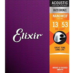 Elixir 11182 NANOWEB 80/20 Bronze Acoustic Guitar Strings .013-.053